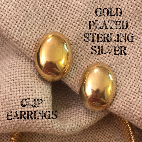 BEAU Goldplated Sterling Oval Button Clip Earrings - Picture 1 of 8
